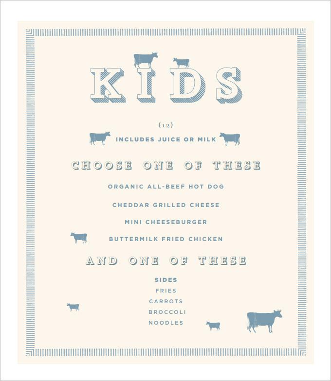 menu for kids