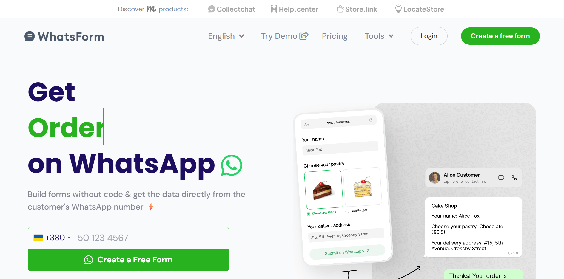 WhatsForm form builder interface