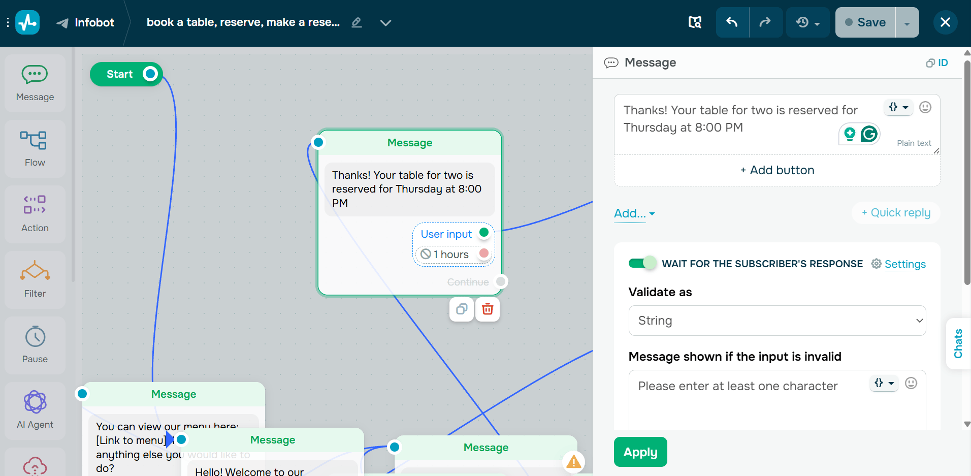 Confirmation message about a reserved table for two in the flow builder