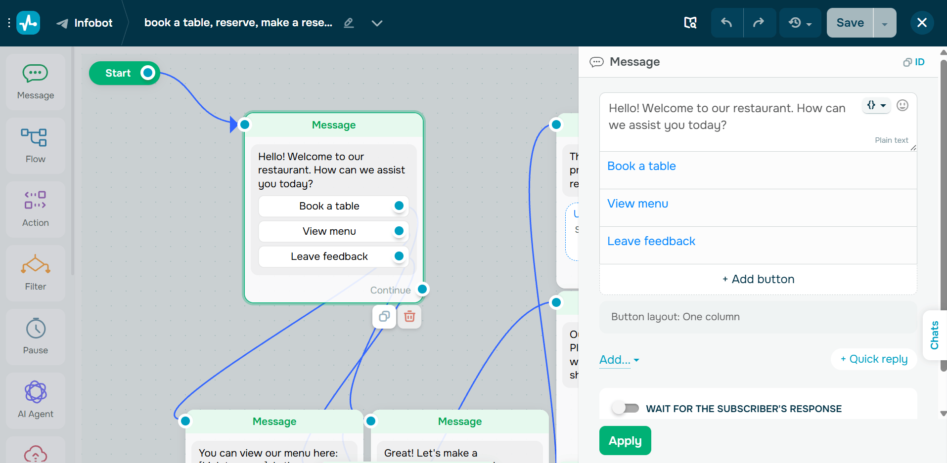 Greeting message with Book a table and View menu buttons in the flow builder
