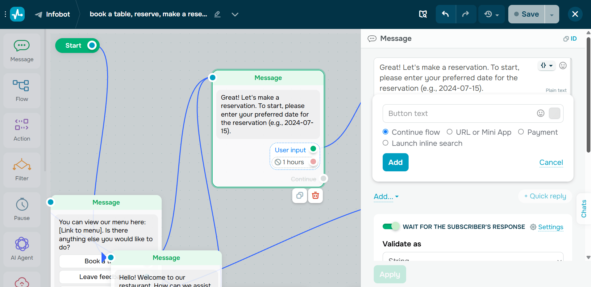 Flow builder step asking the guest for a preferred reservation date