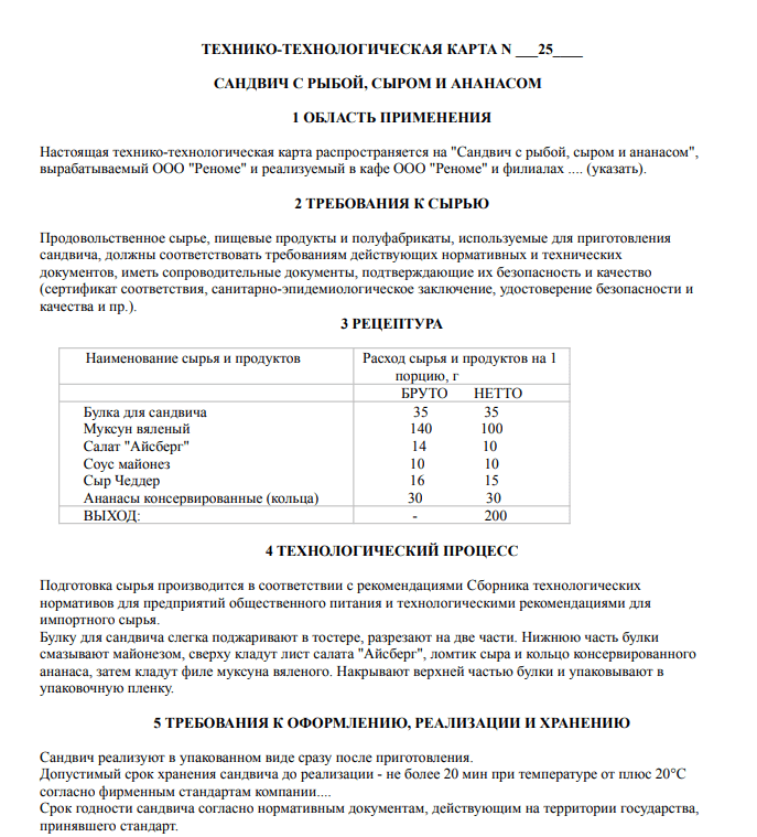 Технико технологическая карта на блюдо «Сандвич с рыбой, сыром и ананасом»