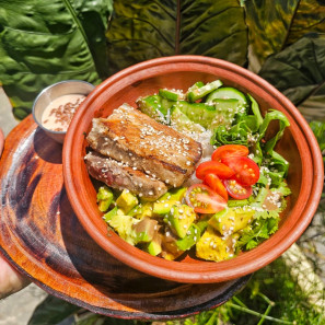 Green bowl with grill tuna